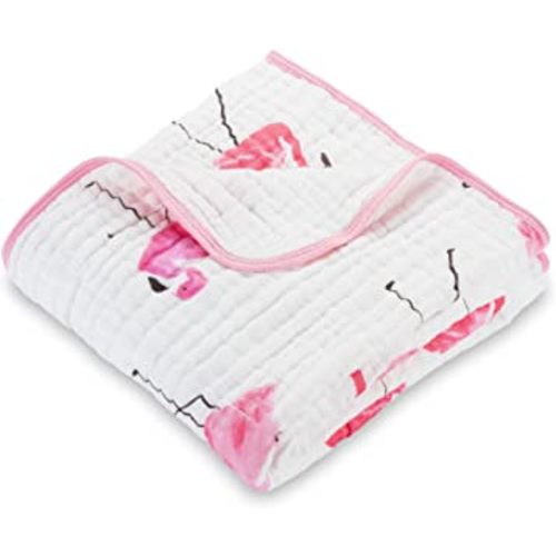 LollyBanks Muslin Quilts |100% Cotton Nursery & Crib Blankets for Girls| Super Soft and Lightweight | Large Size 47" x 47" for Baby Toddler Children and Kids | Flamingo Print