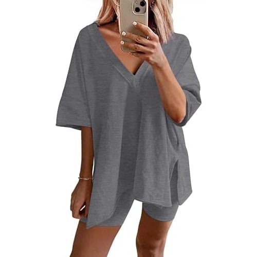 Ekouaer Womens Pajamas 2 Piece Lounge Sets Oversized V Neck T-Shirts Tops Biker Shorts Set Workout Reversible Tracksuit S-XXL