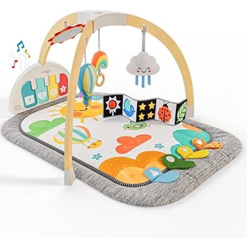 Move2Play, Montessori-Inspired Wooden Interactive Baby Play Gym | Kick & Play Piano | Thickly Padded Floor Play Mat | Tummy Time Must Have | Playmat for Newborns & Infants | Ages 0, 3, 6+ Months