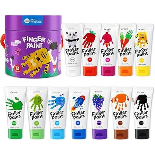Jar Melo Washable Finger Paints for Toddlers, 12 Colors Large Capacity (2.1fl oz), Non Toxic Baby Paint for Hand and Feet, Safe Art Supplies, Preschool Learning Gifts for Kids Age 2+