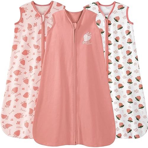 Baby Sleep Sack 0-6 Months 0.5 Tog Wearable Blanket Baby, 3 Pack 100% Cotton Lightweight Sleeping Sack with 2-Way Zipper for Newborn Infant Strawberry
