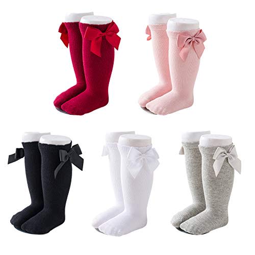 Yeshore Baby Girls Knee High Socks Bow Tube Ruffled Knit Cotton Long Stockings for Infants and Toddlers 5 Pairs