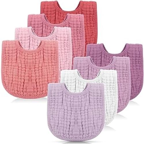 Frienda 8 Pcs Muslin Bibs Baby Cotton Bandana Drool Bibs Bulk for Boys Girls Newborn Infant 6 Absorbent Layers Bibs Feeding Accessories Teething Eating Supplies (Pink Purple Colors)