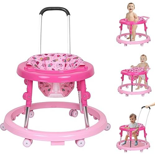 Baby Walker with Wheels, Activity Center with Mute Wheels Anti-Rollover, 9-Gear Height Adjustable Foldable Baby Walker for Boys and Girls from 6-18 Months with Push Handle, Footrest…