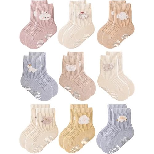 VWU Baby Toddler Socks with Grips Kids Girl Boy Crew Ankle Socks Cotton Anti Slip 0-6T 6/9 Pack