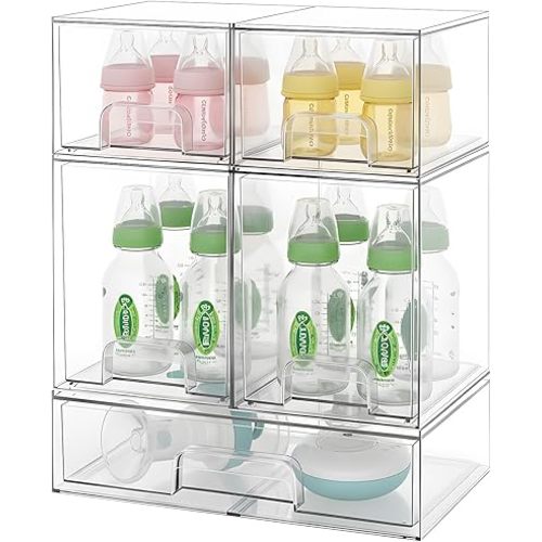 Baby Bottle Organizer Stackable, Acrylic Storage Drawers 5 pack with Non-Slip Pads, Pull-Out Drawers for Baby Bottle, Pump Parts, Pantry, Vanity Countertop (4.4" and 7.6" Tall and 12.1" Wide)