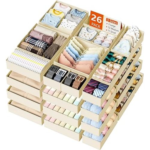 DIMJ Drawer Organizer Clothes - 26 Pack Closet Drawer Organizer Bins for Baby Clothes Storage, Fabric Dresser Organizer for Nursery Bedroom, Foldable Small Drawer Dividers for Underwear Socks