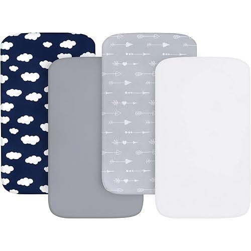 Bassinet Fitted Sheet(33" x 20"), 4 Pack for Most Bedside Sleeper Bassinet, Bassinet Sheets, Breathable & Soft Microfiber, Grey/Navy