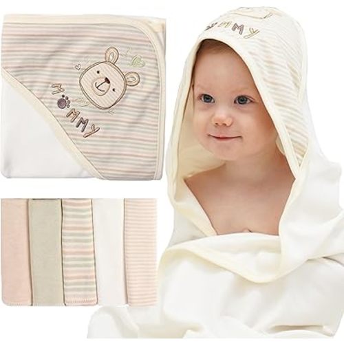 6 Pack Baby Hooded Towel and Washcloths Set, Premium Ultra Soft Reusable 100% Organic Cotton Baby Bath Towel, Baby Blanket for Newborns, Infants, Toddlers, Stripes Bear, 37.5 x 37.5 Inch