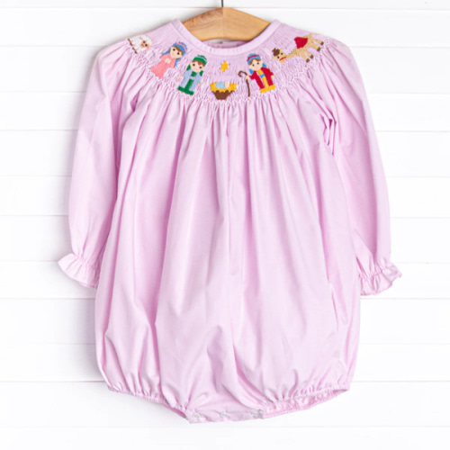 Away in a Manger Smocked Bubble, Pink – Stitchy Fish