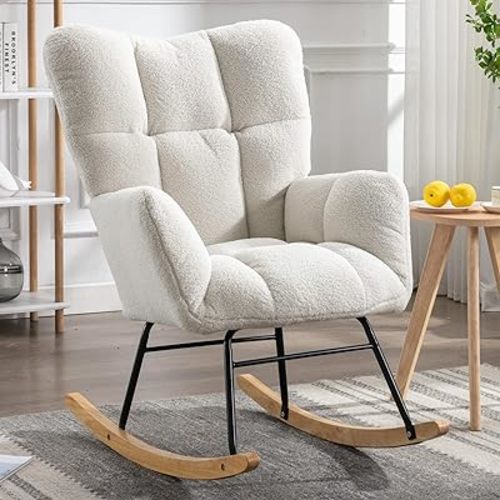 KINFFICT Nursery Rocking Chair, Teddy Velvet Upholstered Glider Rocker Rocking Accent Chair with High Backrest, Mid Century Modern Armchair Comfy Side Chair for Living Room Bedroom Offices - Teddy-ivory