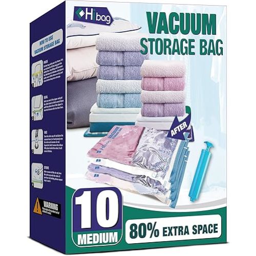 Vacuum Storage Bags, 10 Medium Space Saver Vacuum Seal Bags, Space Bags, Vacuum Sealer Bags for Clothes with Travel Hand Pump (10M)