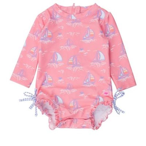 Rufflebutts Baby/toddler Girls Upf50+ Long Sleeve One Piece Rash Guard - Pink Seas The Day, 0-3m