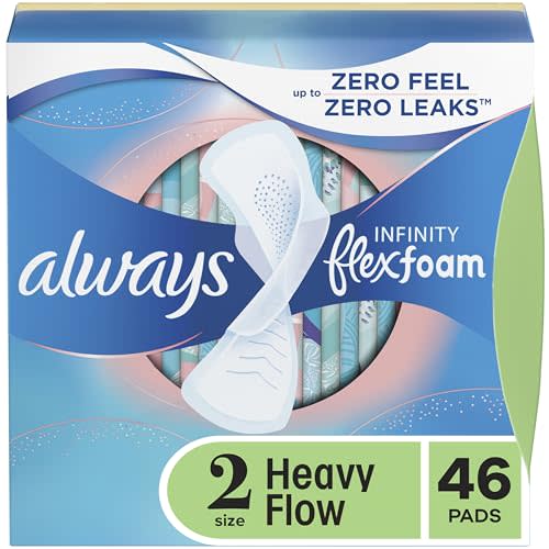 Always Infinity Feminine Pads for Women, Size 2 Regular, with wings, unscented, 46ct