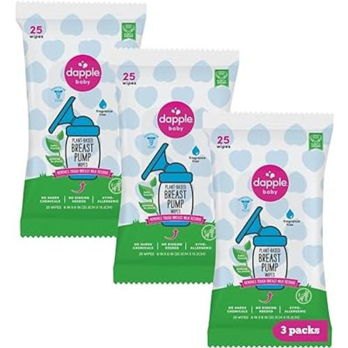 Breast Pump Wipes by Dapple Baby, Hypoallergenic & Powered by Plants, Removes Milk Residue, Leaves No Taste, Convenient Wipes Pouch, Fragrance Free, 25 Count (Pack of 3)