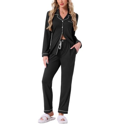 INSPIRE CHIC Womens Long Sleeve Button Down with Pockets Notch Collar Pants Pajama Sets