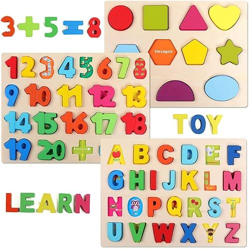 QZMTOY Wooden Puzzles for Toddlers, Wooden Alphabet Number Shape Puzzles Toddler Learning Puzzle Toys for Kids, 3 in 1 Puzzle for Toddlers, Age 3+ (Set of 3)
