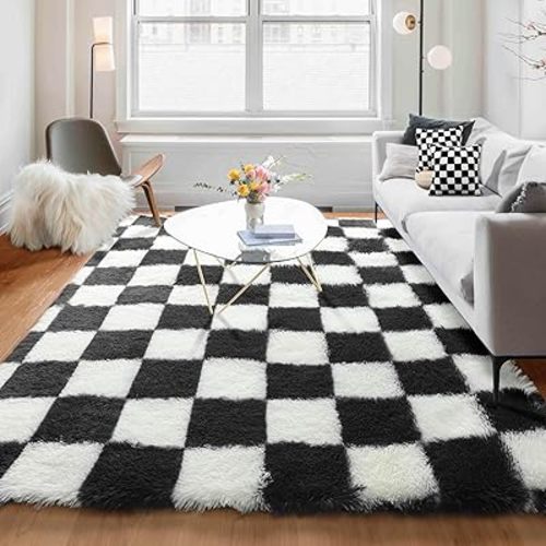 KICMOR 5x7 Rug for Living Room Bedroom, Fluffy Black and White Area Rug Fuzzy Shaggy Floor Carpets, Big Large Soft Plush Checkered Rugs for Kids Girls Boys Room Dorm Nursery, Home Decor Aesthetic
