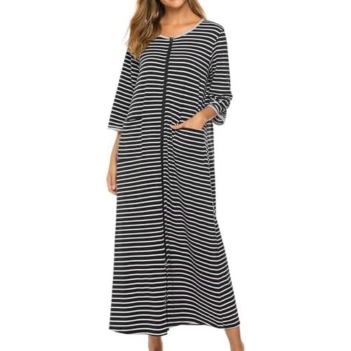 Bloggerlove Zipper Front Robes for Women House Coat Half Sleeve Loungewear Long Nightgown with Pockets S-3XL