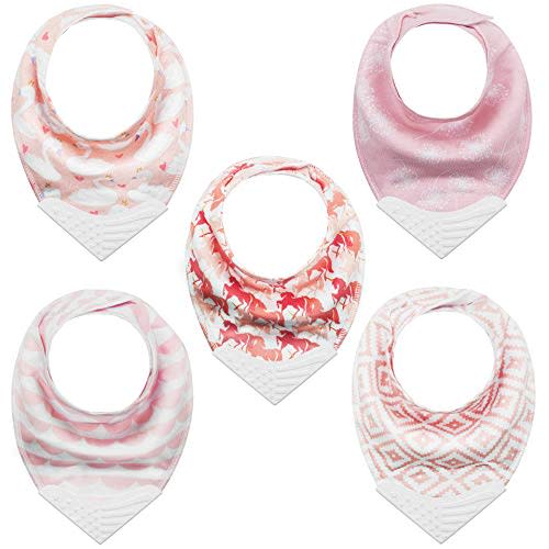 Teething Bibs Baby Bandana Bib Sets with Teething Corner(American Flag Style), BPA-Free Silicone Teether, Adjustable Snap for Girls (5 Packs)