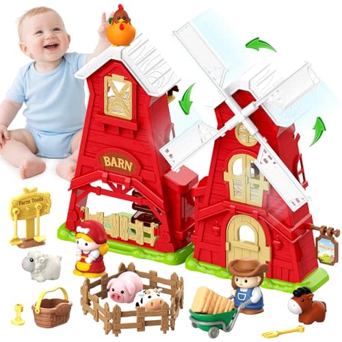 Toddler Toys for 1 2 3 Year Old Boys Girls, Big Red Windmill Barn Farm Animals Toy, Montessori Learning Toys for Toddlers 1-3, Ideal Birthday for Boy Girl Kids, Baby Toy 12-18 Months