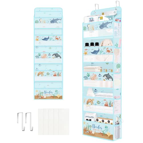Clastyle Ocean Animals Over the Door Organizer Fish Nursery Hanging Storage Organizer for Kids Clothes Diaper Toy Closet Door Hanging Shelf Storage for Bedroom Bathroom Pantry, Turtle, 5-Tier