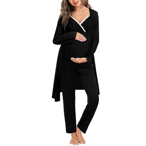 SWOMOG Maternity Nursing Robe Set 3 Piece Breastfeeding Pajamas 3 in 1 Labor Delivery Sleevless Tops&Long Pants Pregnancy Pjs