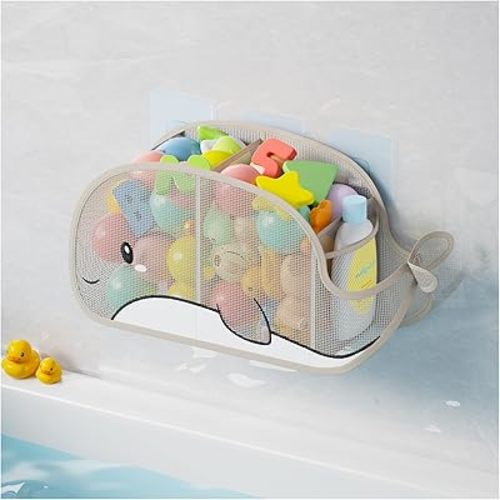 Quick-Drying Baby Bath tub Toy Organizer Storage for Bathroom, Large-Capacity mesh Bath Toy Holder for Bathtub, Convenient for Quick Access, Whale-Shaped Design (Gray)