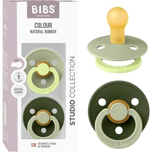 BIBS Colour Studio Pacifier 2-Pack, BPA Free, Round Nipple. Natural Rubber Latex, Made in Denmark, Size 1 (0-6 Months) - Sage/Huntergreen