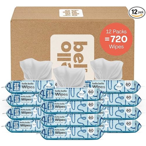 Hello Bello Extra Gentle Unscented Baby Wipes - Plant Based - Made with 99% Water and Aloe for Babies and Kids - 720 Count - 60 Count (Pack of 12)