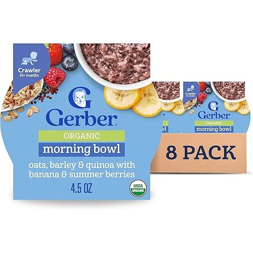 Gerber Stage 3 Baby Food, Organic Morning Bowl, Oats Barley & Quinoa, Baby Oatmeal, 8PK