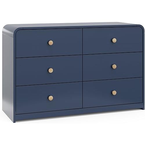 Storkcraft Santos 6 Drawer Bedroom Dresser (Midnight Blue & Natural) – GREENGUARD Gold Certified Dresser for Kids Bedroom with Interlocking Drawer System