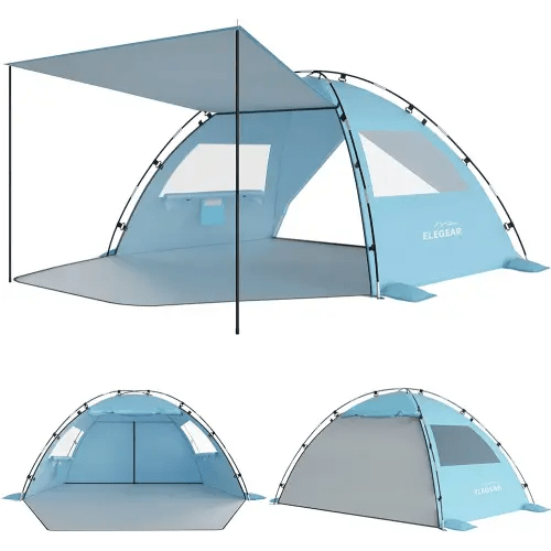 Elegear Beach Tent Sun Shelter with Canopy, 4-5 Person Pop Up Beach Tent, Easy Setup UPF 50+ UV Protection Portable Lightweight Double Silver Coating Beach Cabana Sun Shade Shelter - Sky Blue