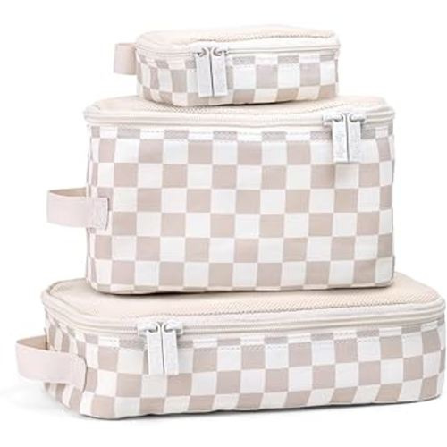Itzy Ritzy Packing Cubes for Travel – Set of 3 Packing Cubes or Travel Organizers; Each Travel Cube Features a Mesh Top, Double Zippers and a Fabric Handle (Checkerboard)