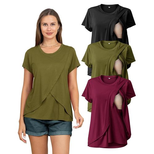 Rnxrbb 3 Pack Women's Nursing Tops for Breastfeeding Summer Short Sleeve T Shirts Postpartum Double Layer Clothes