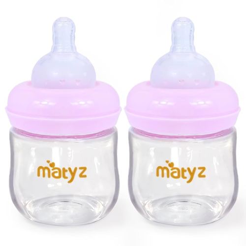 Matyz 2-Pack Glass Baby Breastfeeding Bottles with Caps (Pink, 4Oz) - Wide Neck New Born Bottles for Baby Breastfeeding - Breastfeeding Bottles for 0-3 Months Babies - Glass Baby Bottles with Nipples