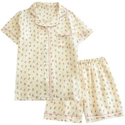 Womens Cute Pajama Set Short Sleeve Button Up Shirt and Shorts 2 Piece Cotton Pj Sets