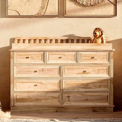 Homsee Baby Changing Table Dresser, 100% Solid Wood Infant Diaper Changing Station Combo, 9-Drawer Baby Nursery Dresser with Removable Tray for Children's Room Bedroom, Nature Color