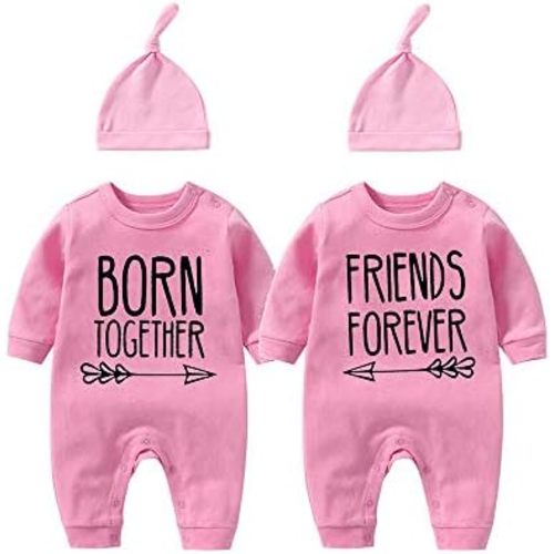 YSCULBUTOL Baby Twins Bodysuit with hat Born Together Friend Forever Baby boy Clothes Toddler Girl Clothes