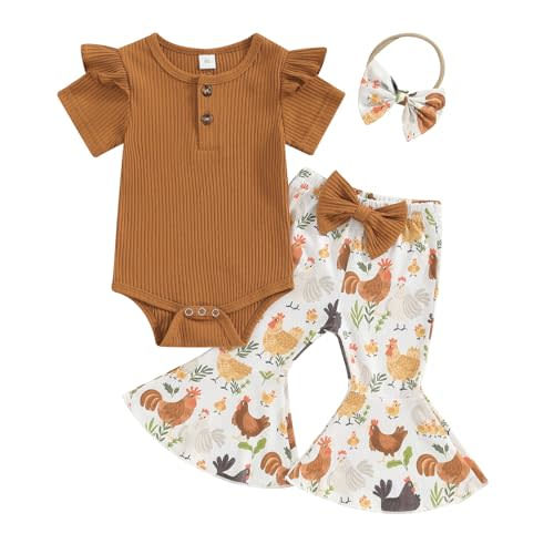 Newborn Baby Girl Summer Outfit Farm Chicken Romper Onesie Flare Pants Infant Clothes