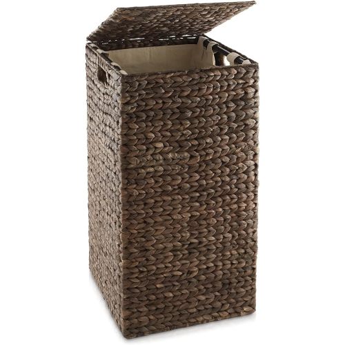 Casafield Laundry Hamper with Lid and Removable Liner Bag - Espresso, Woven Water Hyacinth Square Laundry Basket Sorter for Clothes and Towels