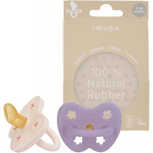 HEVEA Natural Rubber Pacifier Orthodontic 3-36 Months Two-Pack - Powder Pink & Lavender