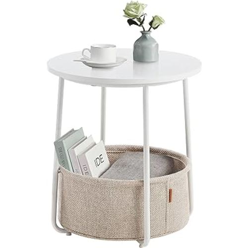 VASAGLE Small Round Side End Table, Modern Nightstand with Fabric Basket, Matte White and Camel Brown ULET223W10