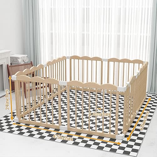 Baby Playpen, Wooden Playpen for Babies and Toddlers, Large Adjustable Wooden Baby Playard with Locking Gate, Easy to Assemble, Portable Play Pen, Infant Play Pen Play Area(47x62x24 Inch)