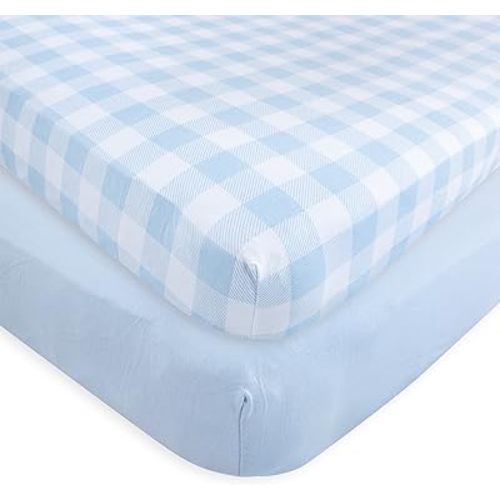 Touched by Nature Unisex Baby and Toddler Organic Cotton Crib Sheet, Plaid Solid Light Blue, One Size