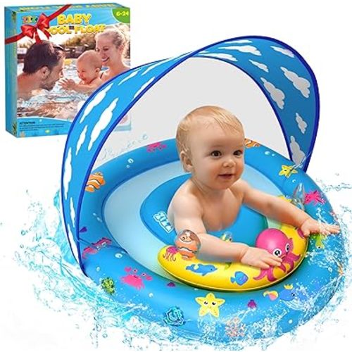 ZIZZ Baby Pool Float with Canopy - 2025 New Inflatable Baby Swim Float with UPF50+Sun Protection, Baby Infant Pool Float with Toy Play Console Adjustable Seat for Toddler Kids Aged 6-36 Months