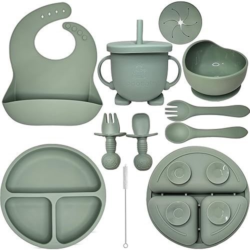 Baby Led Weaning Supplies | 10 Piece Silicone Feeding Set | Baby Toddler Bib Cup Divided Plate and Bowl Self Feeding Spoons Dish Set | Baby Utensils | Toddler Feeding Supplies (Army Green)