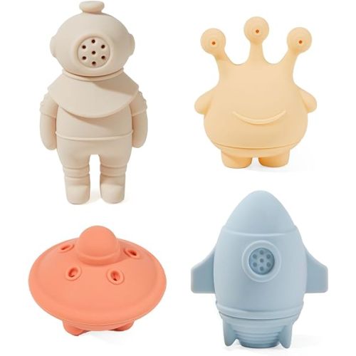 Silicone Baby Bath Toys | 4 Pack Mold Free Space & Rocket Toys for Babies 6-12 Months & Ages 1-3Y | Dishwasher-Safe for Infant Bathtub Toys | Squeeze Water Toys for Tub Gift for Boys Girls