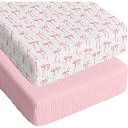 Breling 2 Pcs Muslin Pink Bow Crib Sheets for Girl Soft and Breathable 100% Cotton Crib Baby Bed Sheets Fitted Coquette Bow Mattress Cover for 52''x 28'' Standard Mattress Size