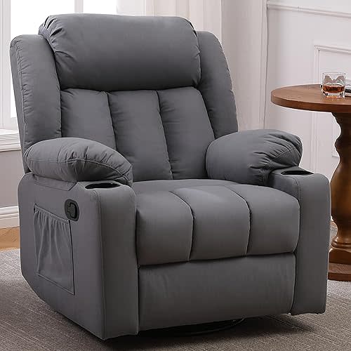Rocker Recliner Chair for Adults, Overstuffed Large Manual Recliner Swivel Glider with Massage and Heat, Upholstered Soft Fabric Living Room Reclining Sofa Chair (Technical Grey)